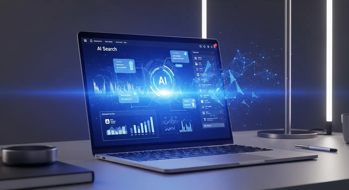 Une interface d'ordinateur représentant une recherche intelligente avec des graphiques et des icônes futuristes, illustrant la technologie avancée et la performance.