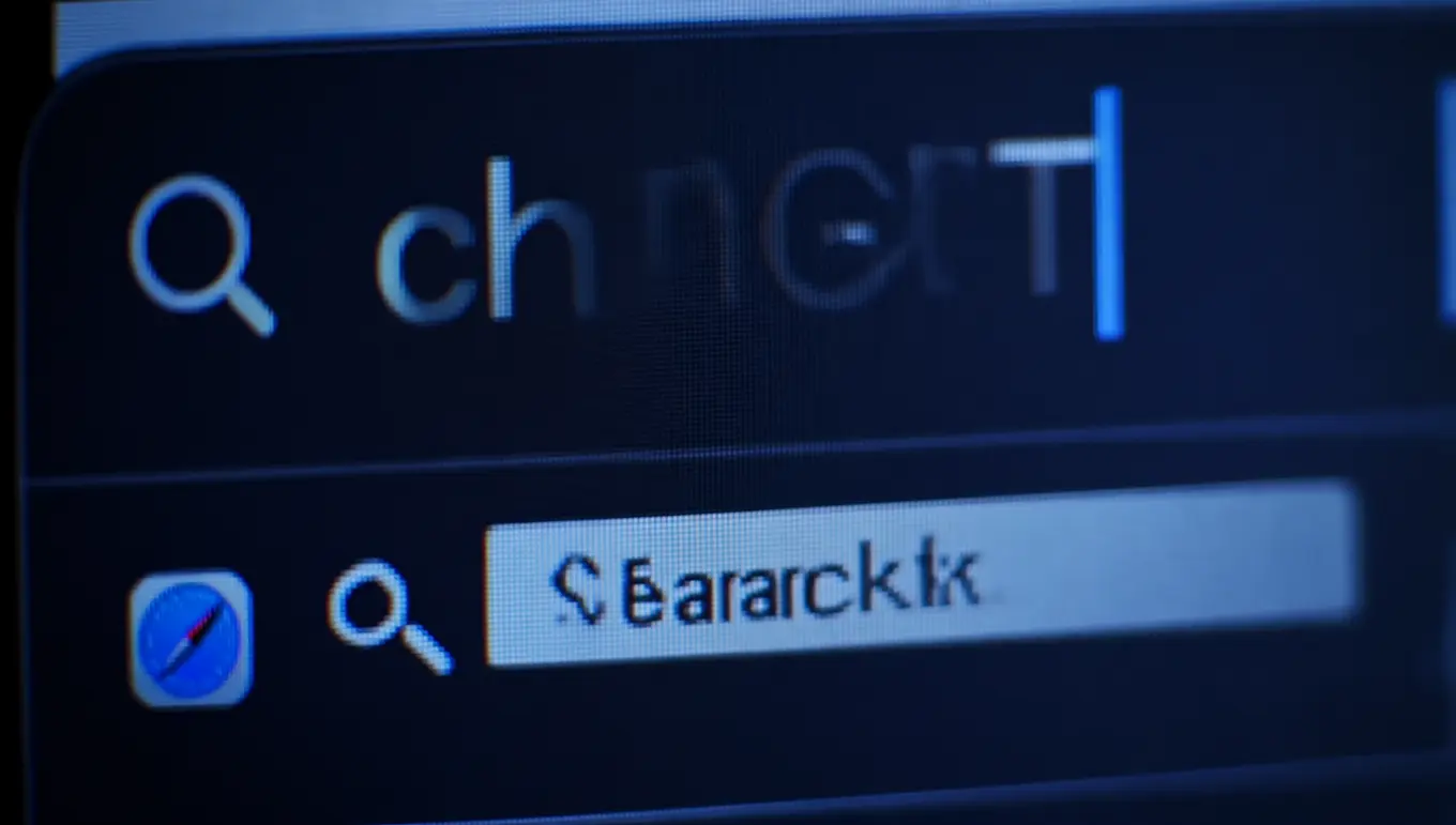 Barre de recherche avec texte flou "chngert" et saisie de l'utilisateur "S.Bararck.tk" sur fond sombre.