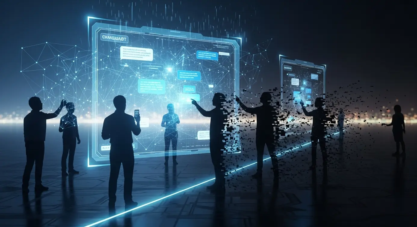 Des silhouettes d'utilisateurs connectés à une interface de chatbot intégrée dans un environnement technologique moderne, symbolisant l'évolution et les impacts futurs de l'outil.