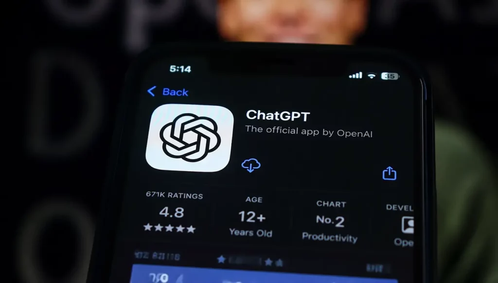 Application ChatGPT sur un smartphone, affichant des détails de l'application et sa note de 4.8 étoiles.