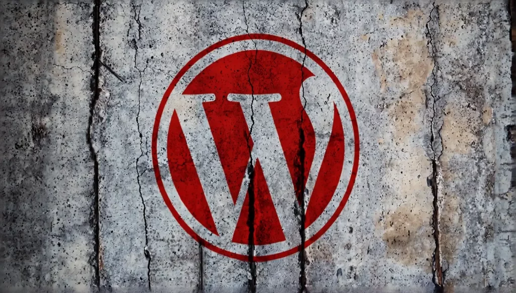 Logo de WordPress sur un fond en béton craqué, avec des couleurs rouge et blanc.