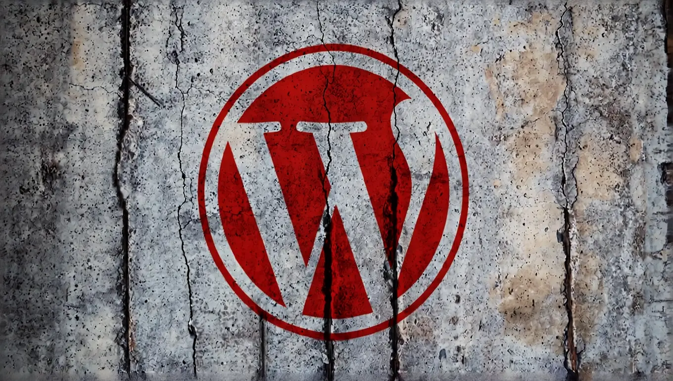 Logo de WordPress sur un fond en béton craqué, avec des couleurs rouge et blanc.