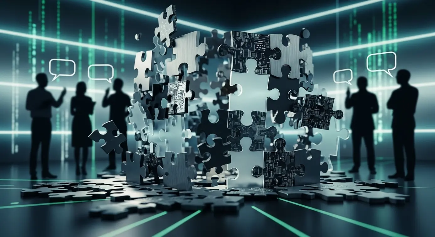 Des pièces de puzzle partiellement assemblées représentant des problèmes structuraux, avec des silhouettes de contributeurs en discussion pour symboliser la gestion et les tensions dans un environnement numérique.
