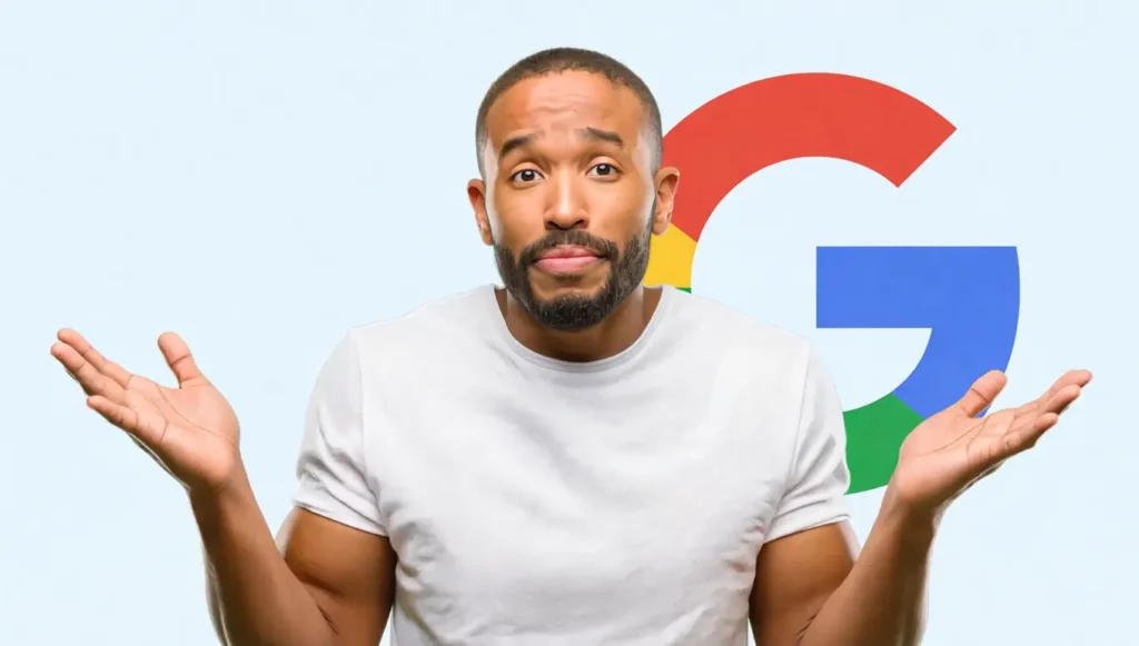 Homme faisant un geste d'interrogation avec le logo de Google en arrière-plan, illustrant la recherche d'informations.