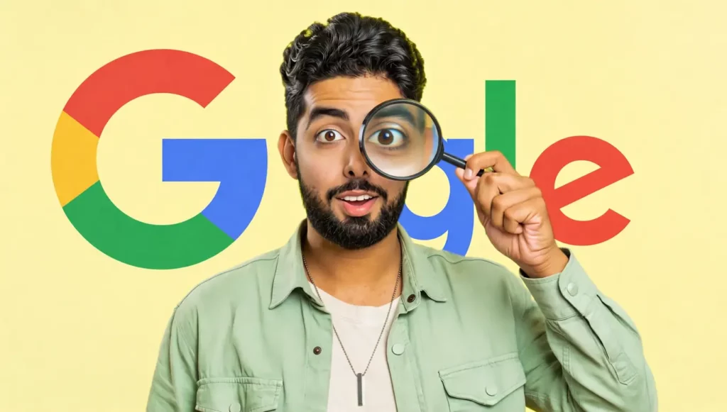 Homme souriant tenant une loupe devant un logo coloré de Google sur fond jaune.