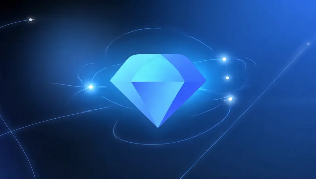 Icône stylisée d'un diamant bleu illuminé sur fond sombre, symbolisant la clarté et la technologie.