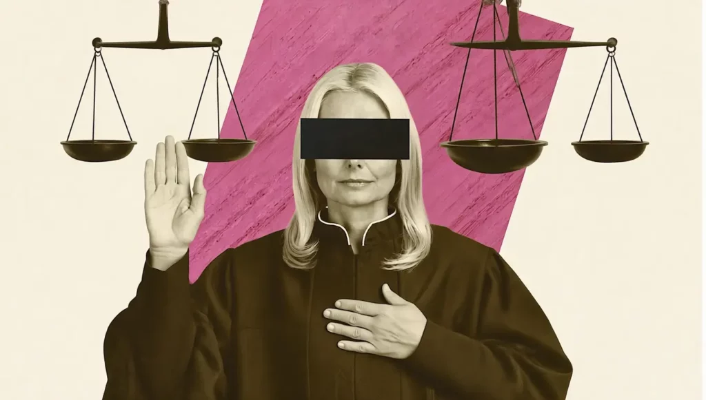 Judiciel : une juge levant la main droite avec des balances de justice, symbolisant l'éthique et l'équité.