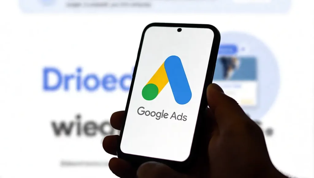 Logo de Google Ads visible sur un smartphone, avec un arrière-plan flou d'écran d'ordinateur.