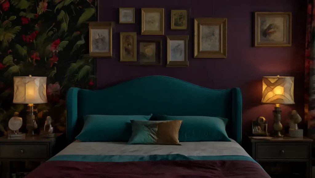 Chambre élégante avec un lit turquoise, des oreillers colorés et des œuvres encadrées sur un mur violet.