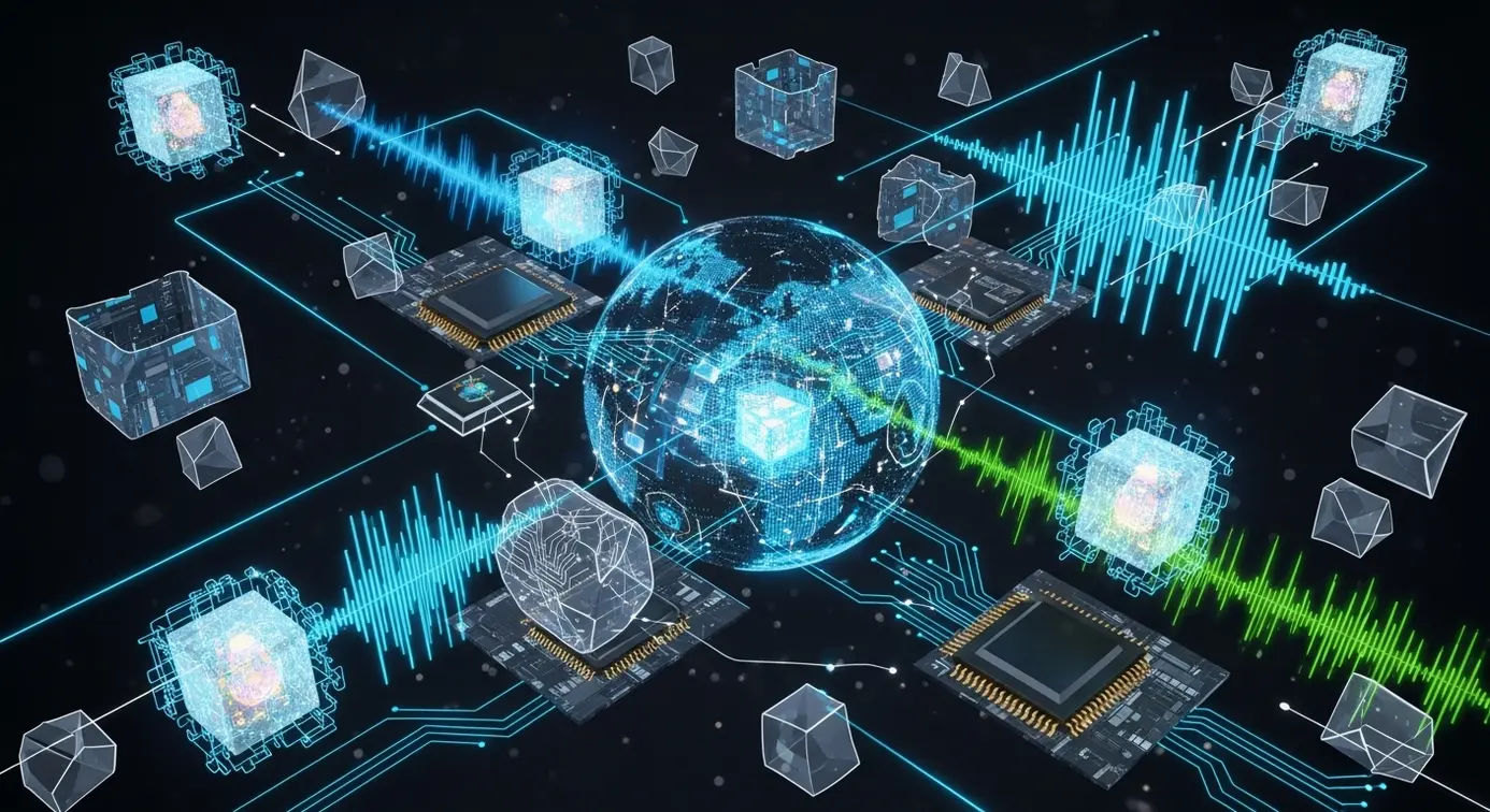 Une image montrant des circuits électroniques, des ondelettes et des éléments numériques illustrant des technologies avancées derrière une innovation en recherche visuelle et conversationnelle.