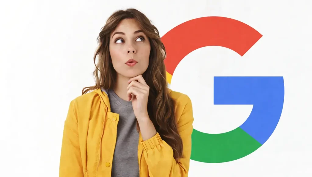 Femme pensive en veste jaune avec le logo Google en arrière-plan, illustrant la réflexion et la créativité numérique.