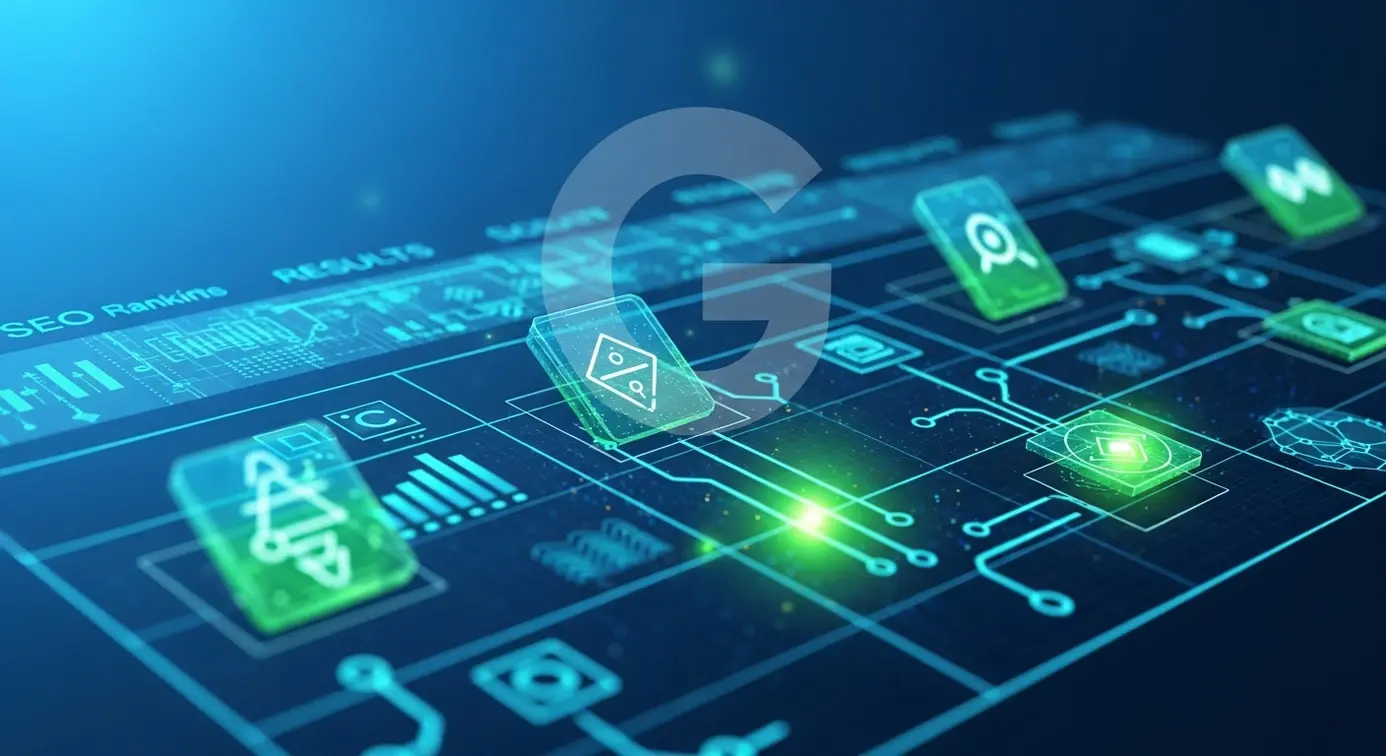 Une image illustrant un classement numérique avec des éléments technologiques symbolisant les nouvelles règles de référencement en ligne.