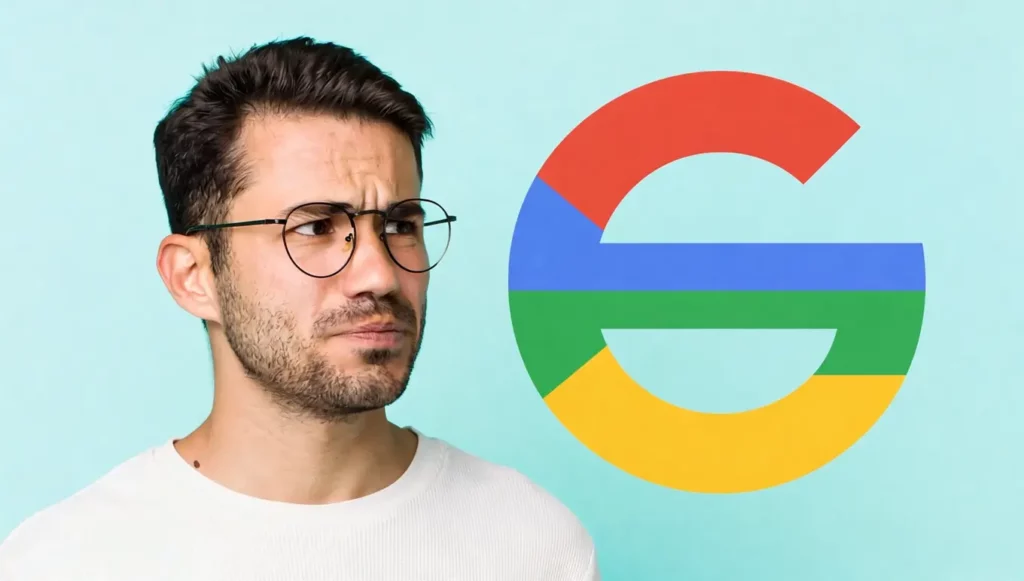 Homme pensif avec des lunettes, face au logo coloré de Google sur fond turquoise, symbolisant l'innovation numérique.