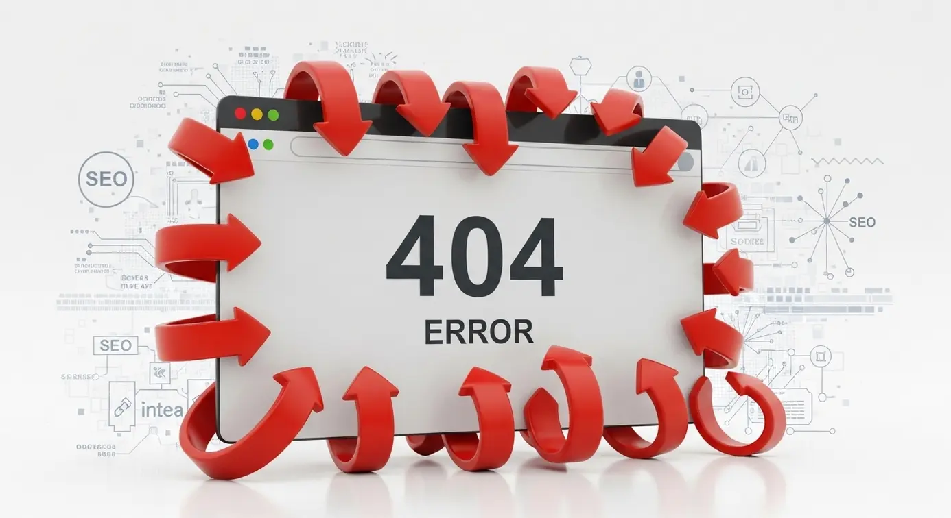 Une illustration d’un navigateur montrant une erreur 404 reliée par des flèches en boucle pour symboliser une redirection infinie et la problématique des pages manquantes.