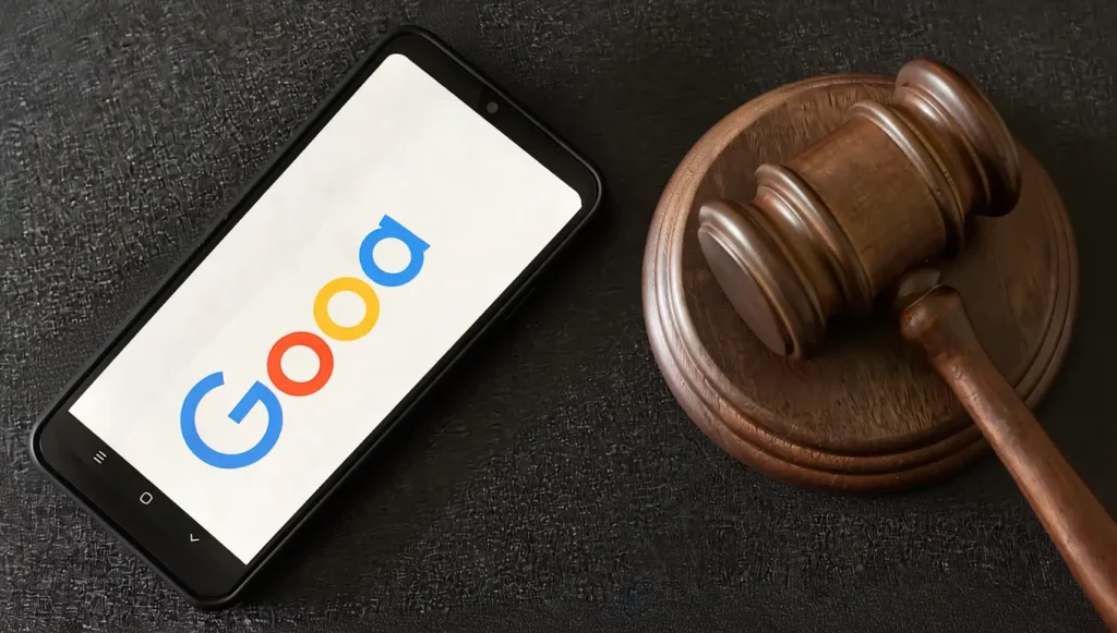 Smartphone affichant le nom "Google" à côté d'un maillet de juge en bois sur fond noir.