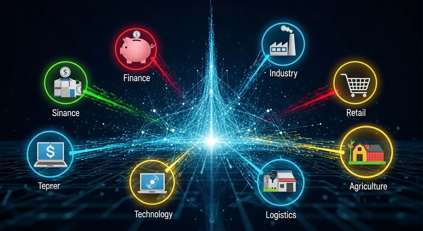 Une image montrant des symboles de connexion et de partage de données entourant un graphique en croissance, illustrant les enjeux de collaboration et de compétition dans le secteur numérique.