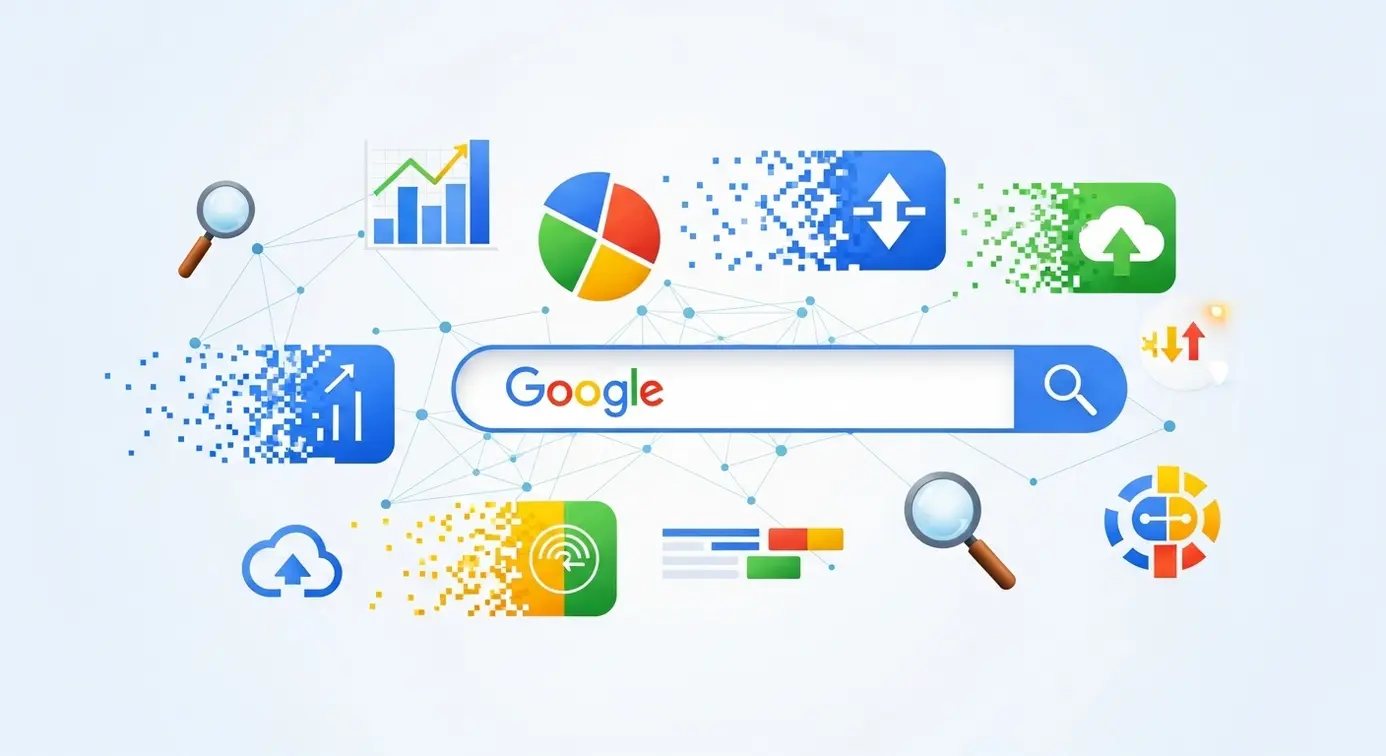 Une représentation visuelle d’un moteur de recherche avec des indicateurs et graphiques en mouvement, évoquant une réaction ou une modification impactant la visibilité en ligne.