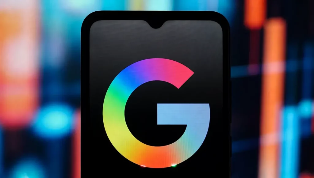 Logo coloré de Google sur un écran de smartphone avec un arrière-plan flou de graphiques lumineux.