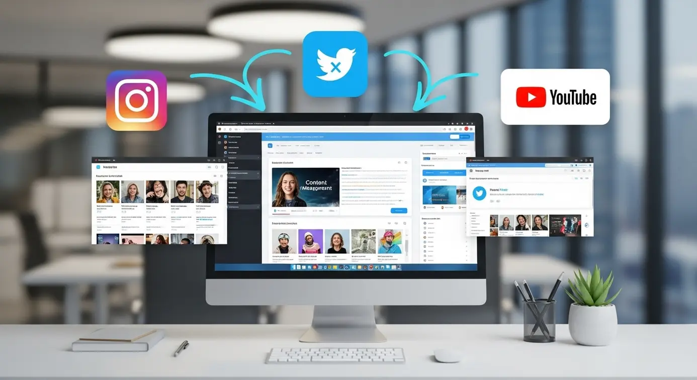 Un espace de travail numérique montrant des écrans avec des icônes de réseaux sociaux populaires intégrés dans une stratégie de contenu.