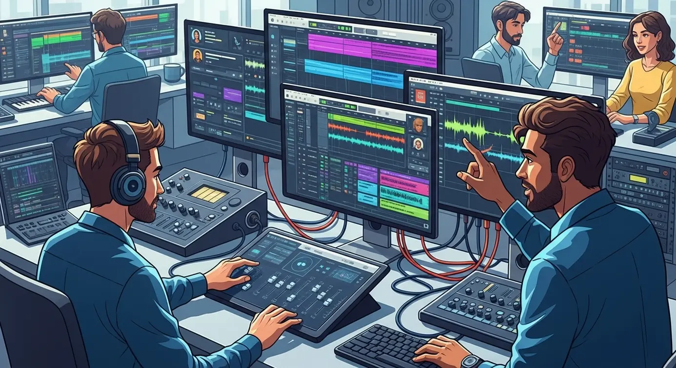 Groupe de professionnels travaillant ensemble avec des écrans montrant des ondes sonores et des fichiers audio, symbolisant la collaboration et l'impact sur les équipes et réseaux.