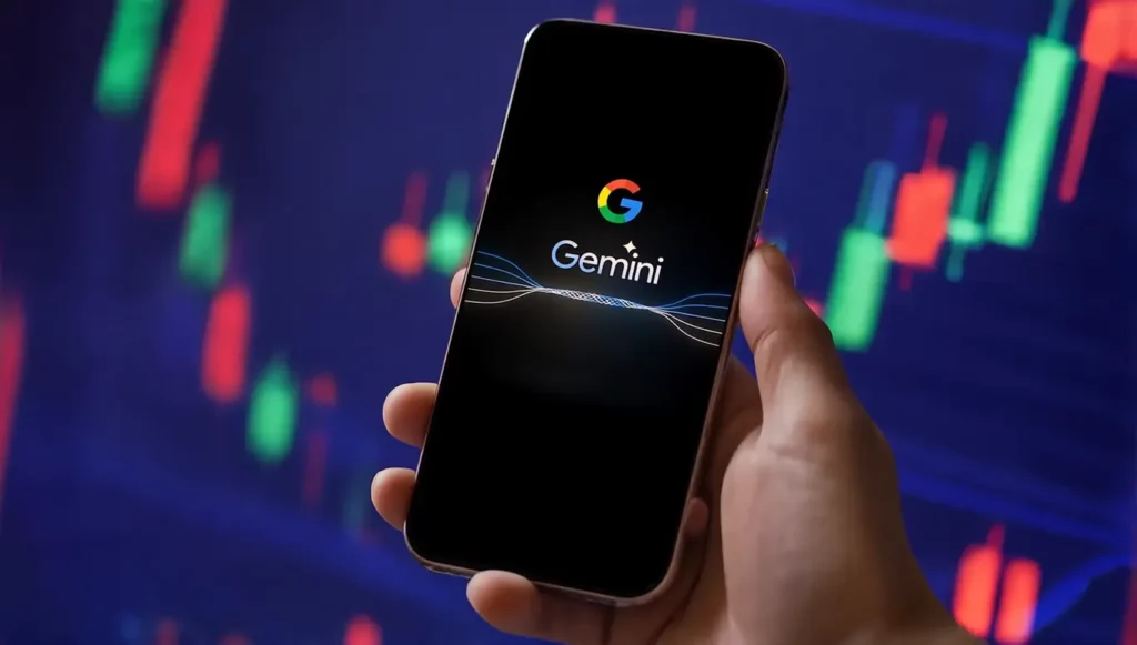 Un smartphone affiche le logo de Google Gemini, avec des graphiques boursiers colorés en arrière-plan.