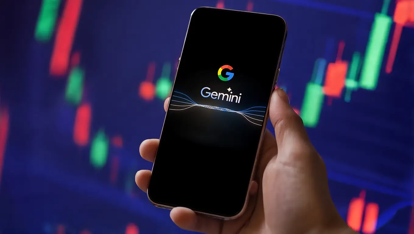 Un smartphone affiche le logo de Google Gemini, avec des graphiques boursiers colorés en arrière-plan.