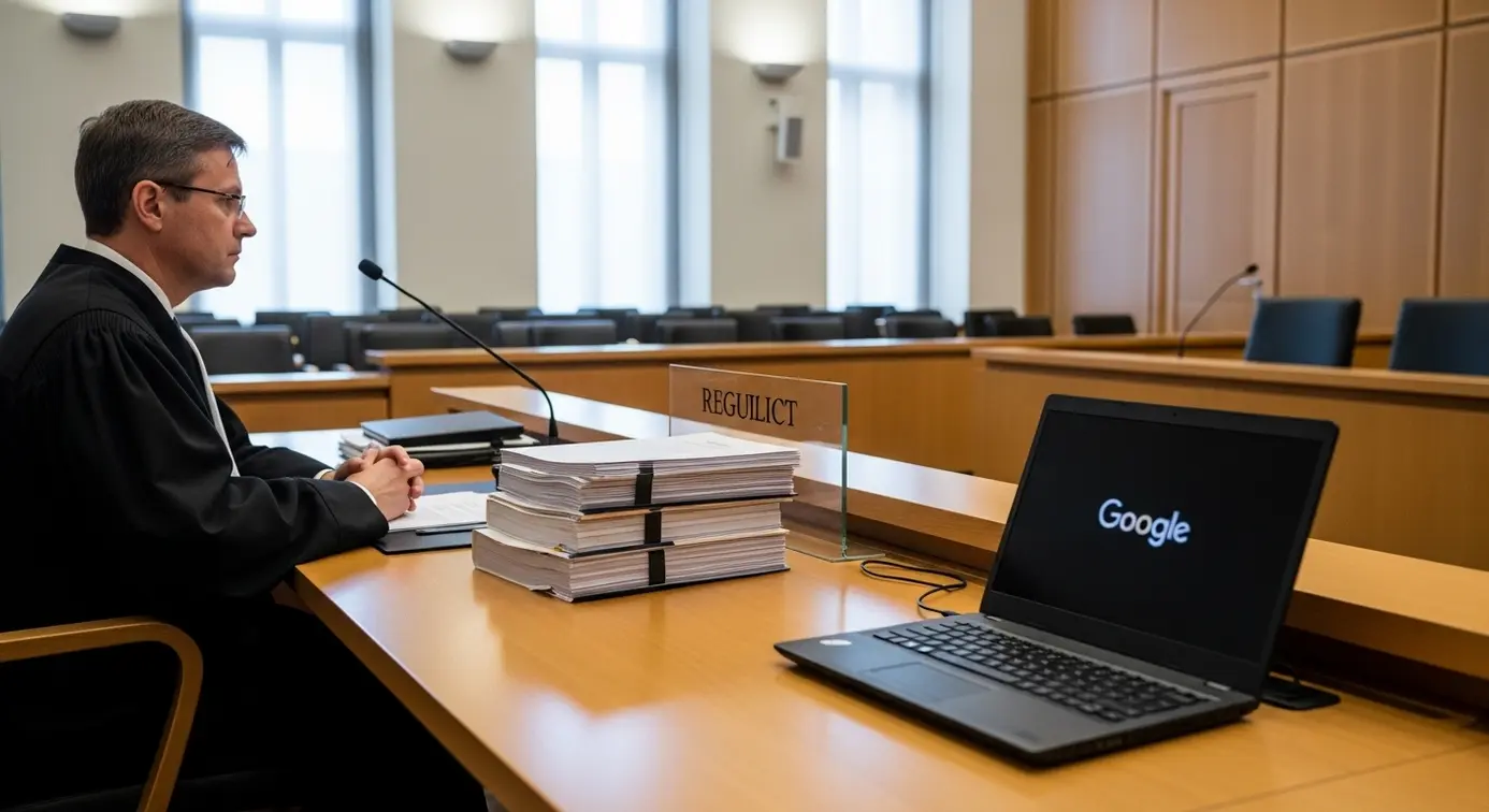 Une scène de salle d'audience avec un juge, des documents légaux et un ordinateur portable montrant Google, illustrant la réglementation et les restrictions juridiques.