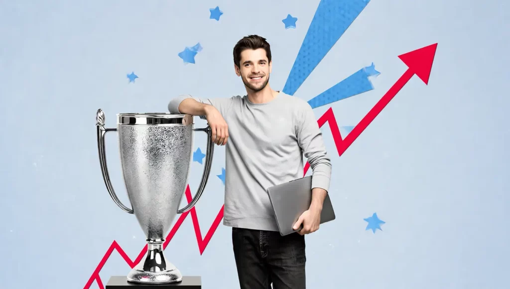 Homme souriant avec un ordinateur portable, à côté d'un trophée et d'un graphique ascendant sur fond coloré.