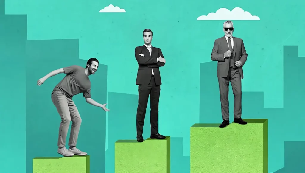 Trois hommes de styles différents se tiennent sur des socles verts, symbolisant la montée en compétence professionnelle.