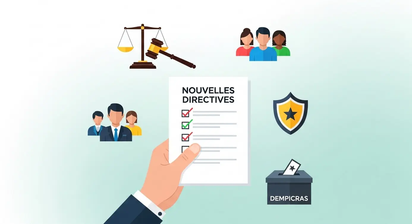 Une main tenant une checklist avec des icônes de citoyenneté et de démocratie, symbolisant la conformité aux nouvelles directives pour un contenu civic.