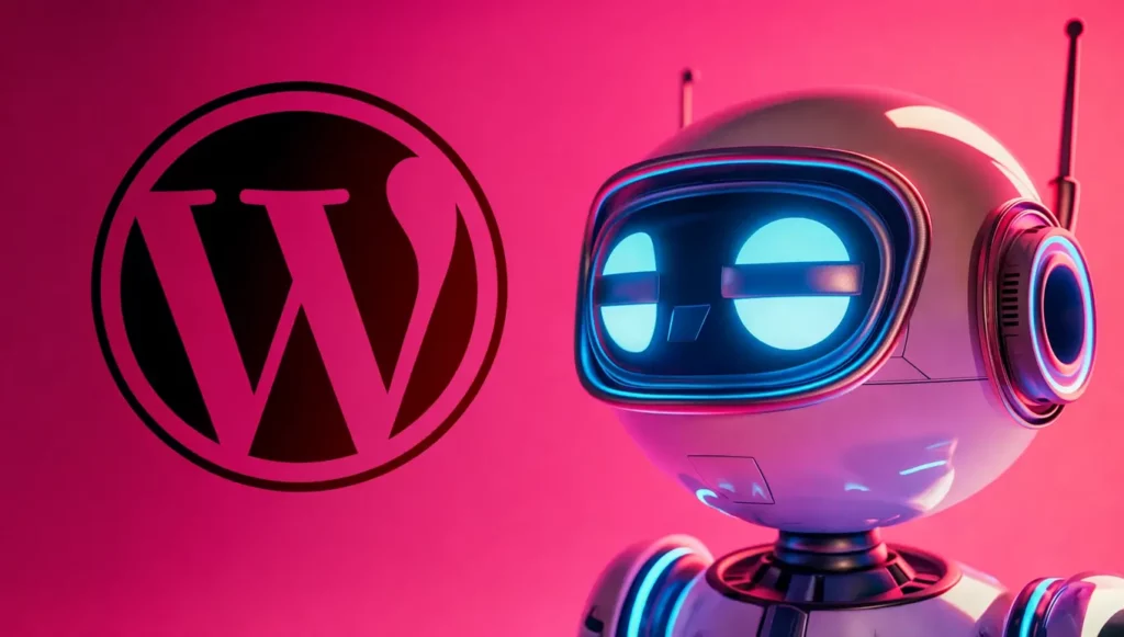 Robot stylisé avec des lumières néon, à côté du logo WordPress sur fond rose.