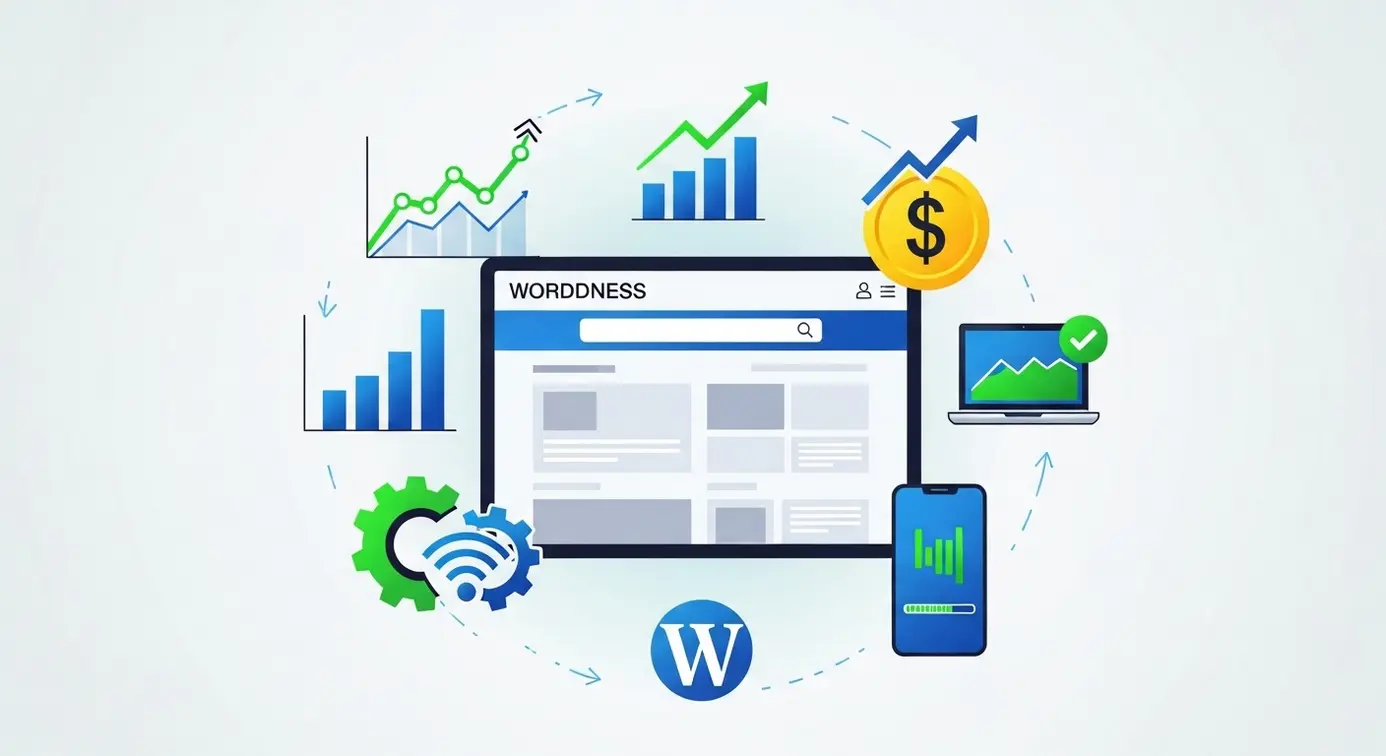 Une image représentant un site WordPress avec des éléments graphiques illustrant la croissance et l'amélioration du positionnement en ligne.