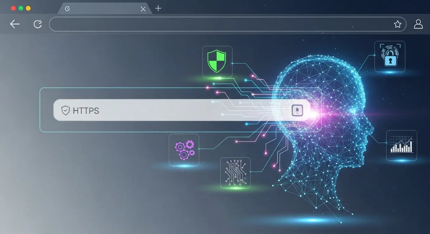 Une interface de navigateur web avec une IA intégrée à la barre d’adresse, illustrant une navigation sécurisée et intelligente.