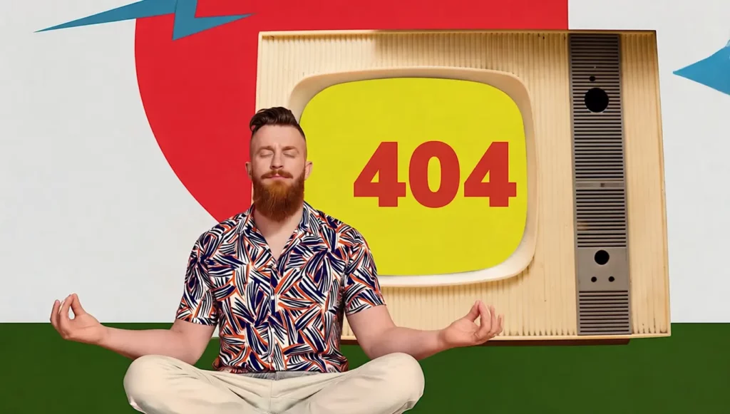 Homme barbu méditant devant un téléviseur affichant "404" sur un fond coloré.
