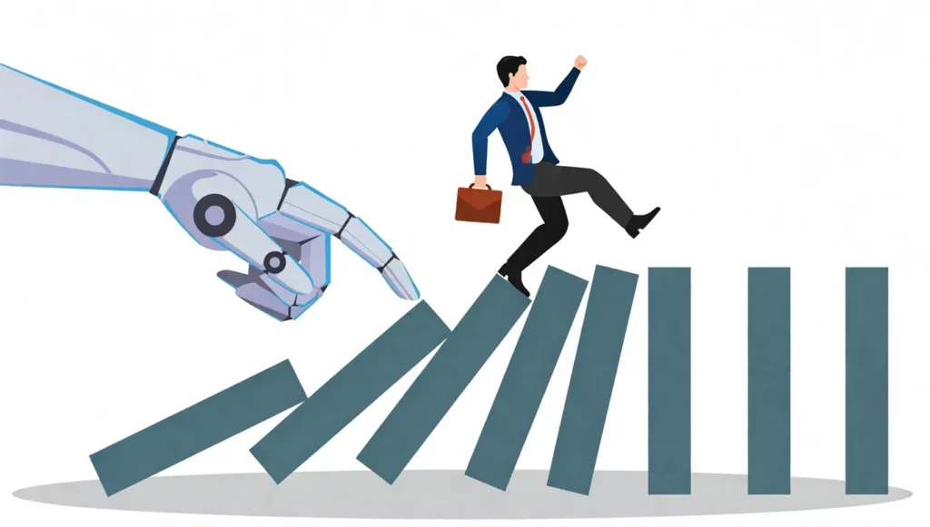 Un homme en costume monte des étapes ascendantes aidé par une main robotique symbolisant la technologie et l'innovation.