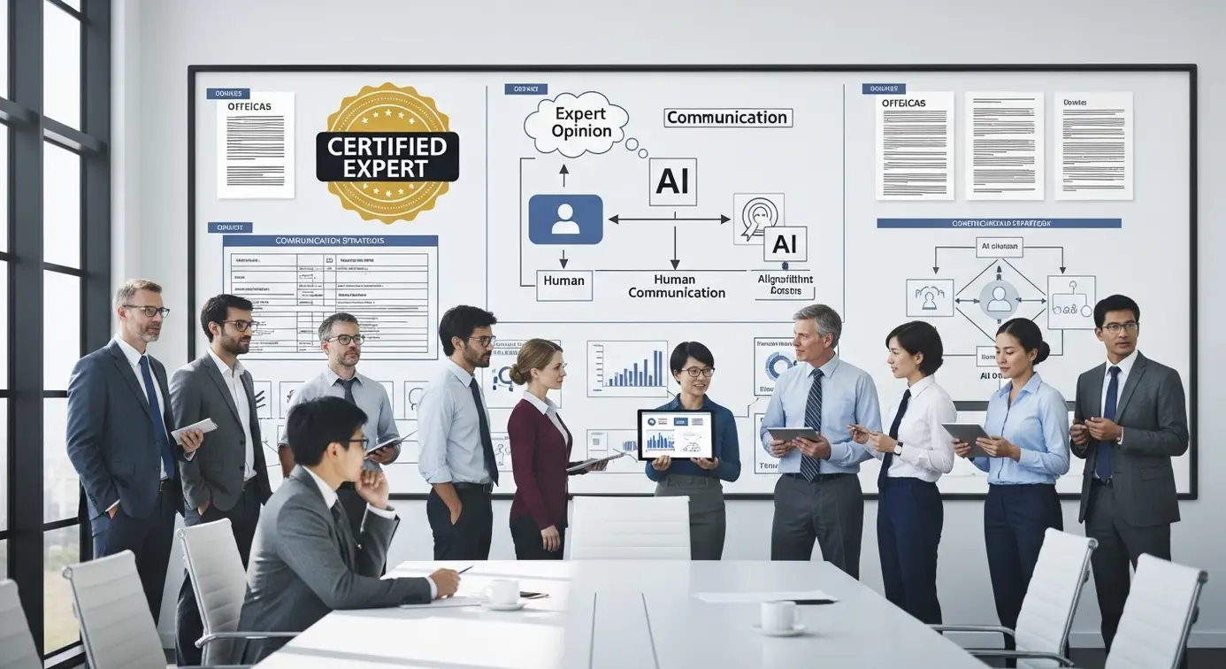 Un groupe d’experts en communication discutant devant un tableau blanc avec des diagrammes et des documents officiels, illustrant l’échange d’avis et de déclarations officielles.