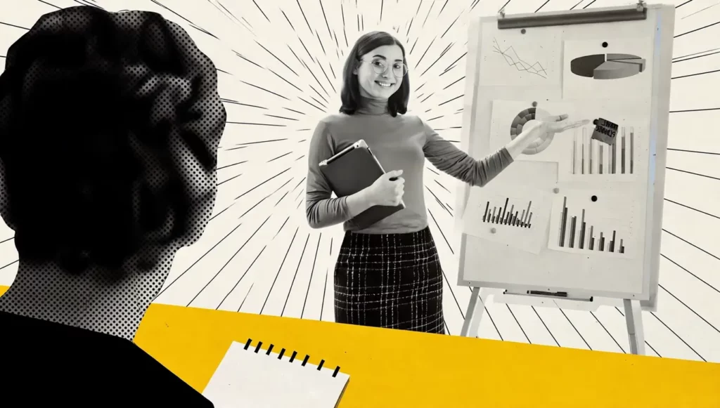 Femme souriante présentant des graphiques lors d'une réunion, avec un tableau et un bloc-notes en vue.