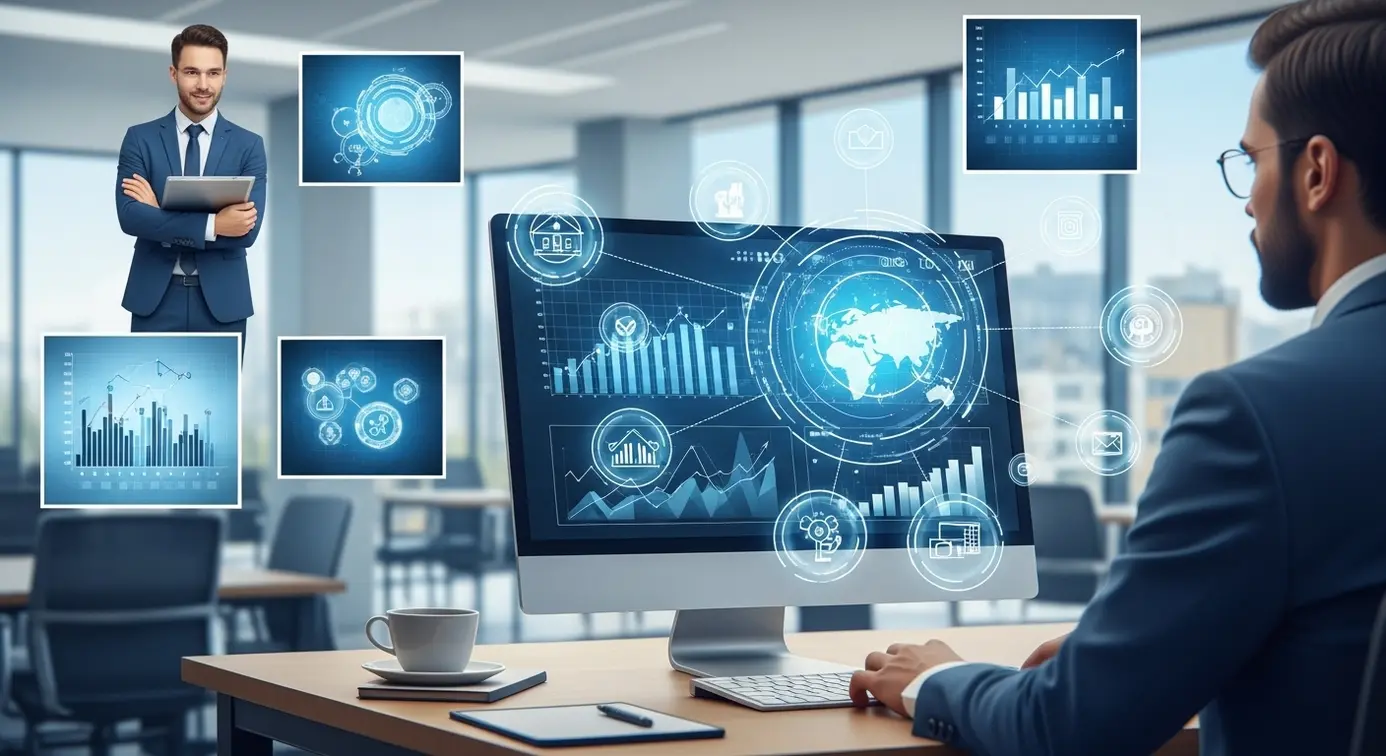Une illustration d’un professionnel du marketing travaillant avec des outils numériques et des icônes d’intelligence artificielle autour de lui, dans un environnement de bureau moderne.