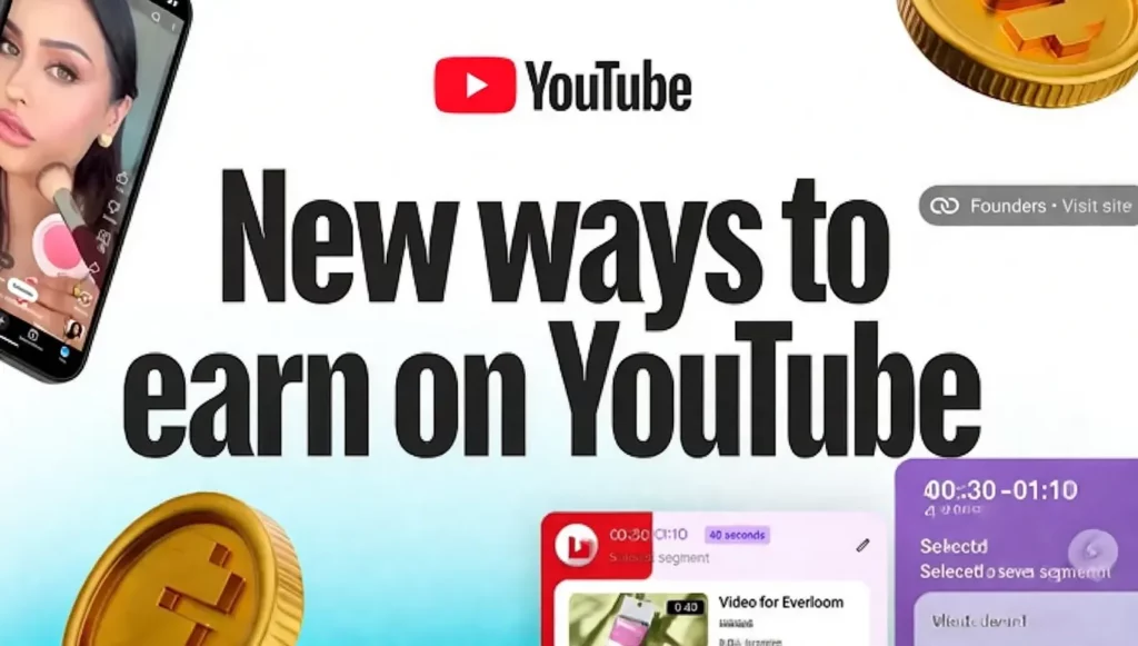 Nouvelle approche pour gagner de l'argent sur YouTube, avec une image d'une femme utilisant une application sur smartphone.