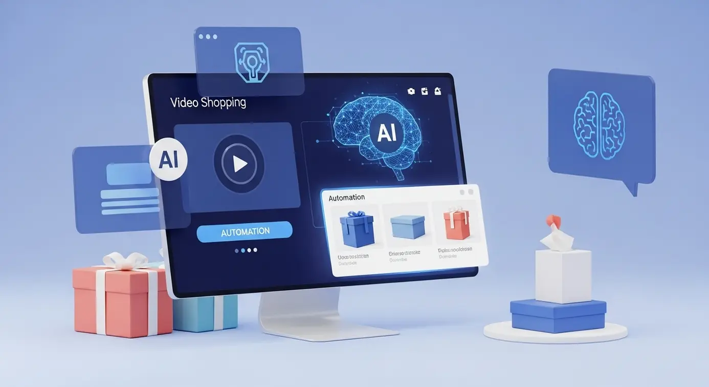 Une représentation visuelle de l'intégration de l'intelligence artificielle et des outils de commerce en ligne dans une plateforme vidéo, avec des éléments numériques et des icônes technologiques.