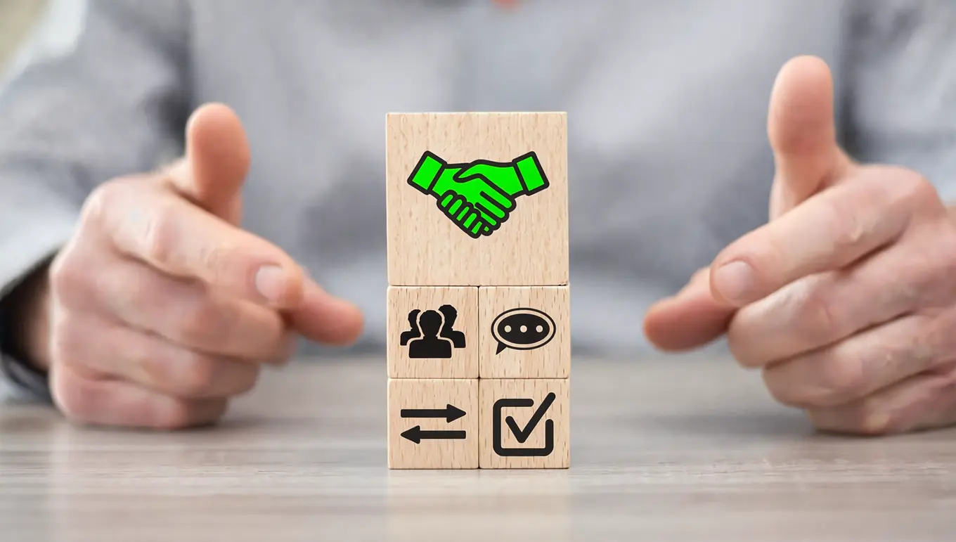 Panneaux en bois avec icônes de collaboration, communication et validation, entourés de mains, sur une table.