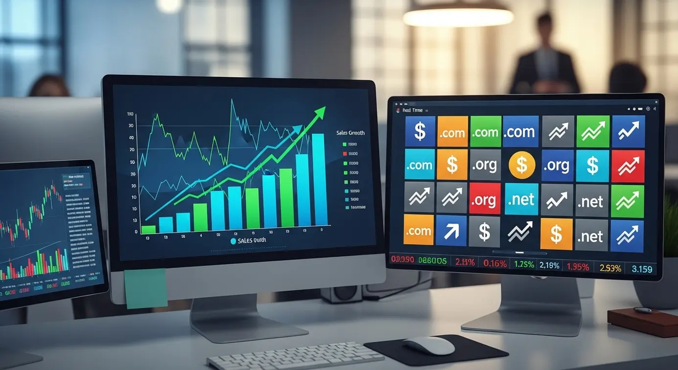 Une représentation graphique du marché des services de domaines, avec des écrans et des icônes illustrant la vente et la croissance dans le secteur numérique.