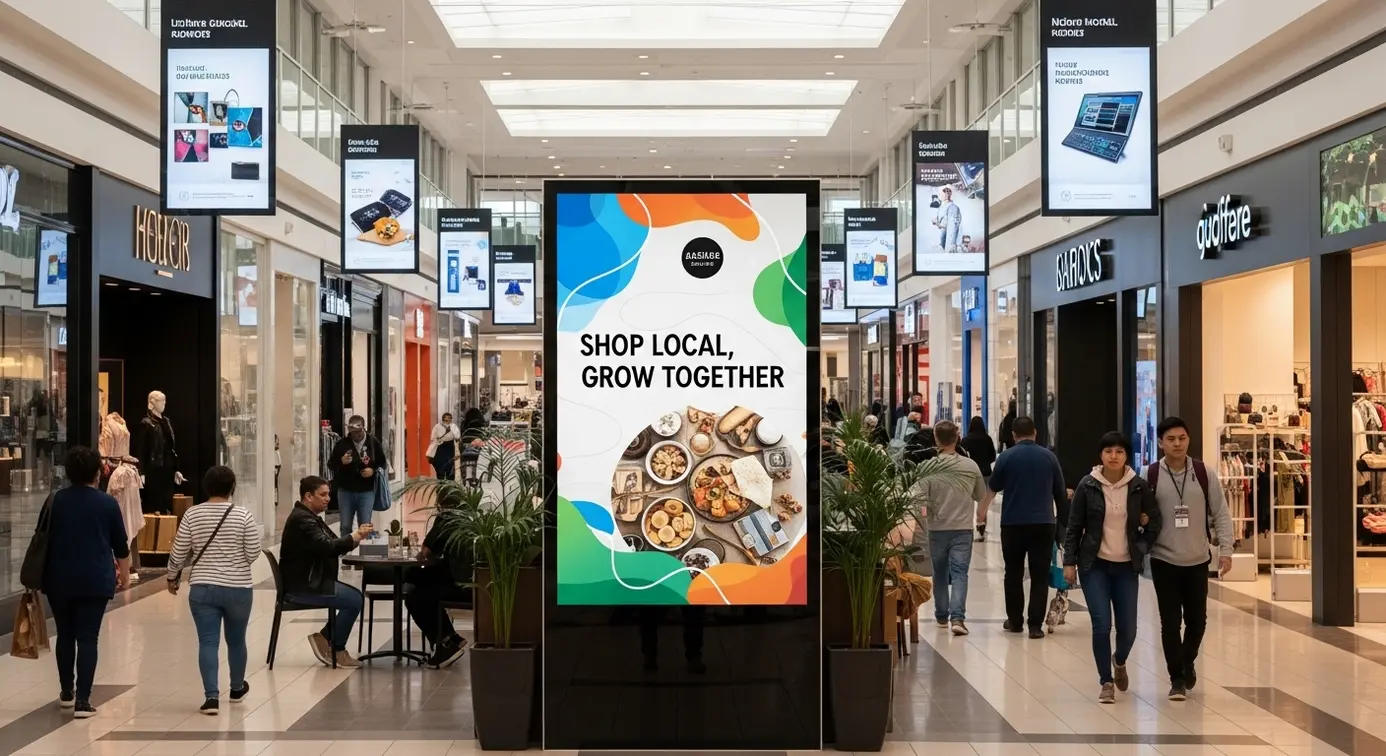 Une image représentant des affichages numériques promotionnels dans un centre commercial local, mettant en valeur la visibilité des magasins de proximité.
