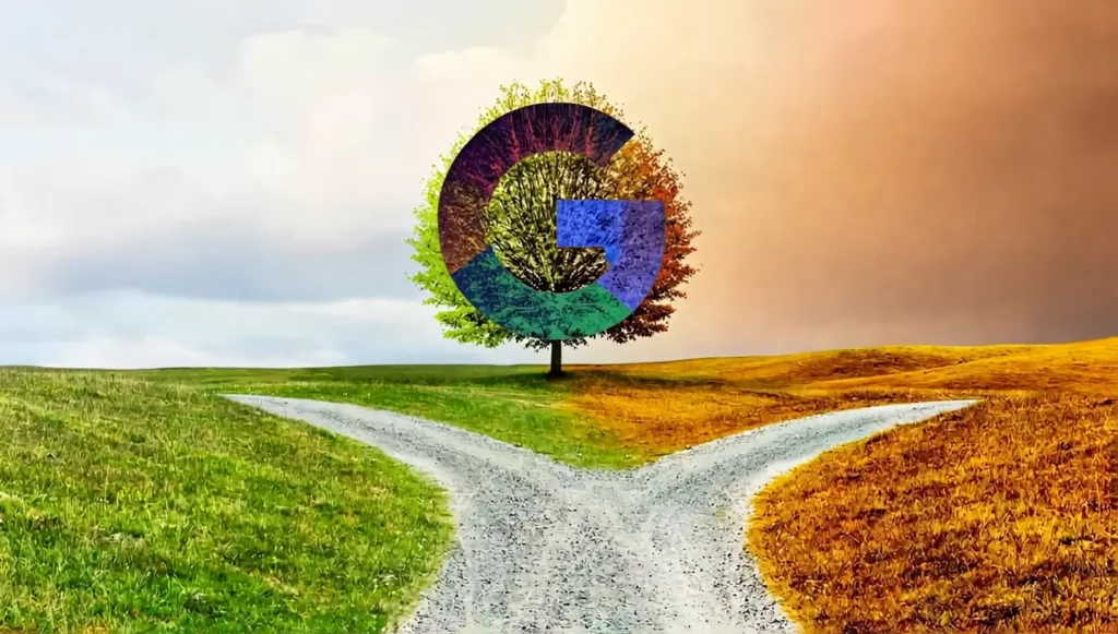 Arbre stylisé avec le logo Google, chemin bifurquant entre verdure et sol aride sous un ciel nuageux.