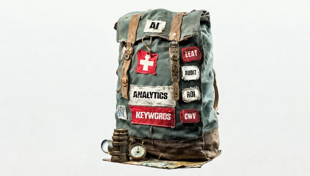 Sac à dos vintage avec des étiquettes sur SEO, analytics et ROI, accompagné de jumelles et d'une boussole.