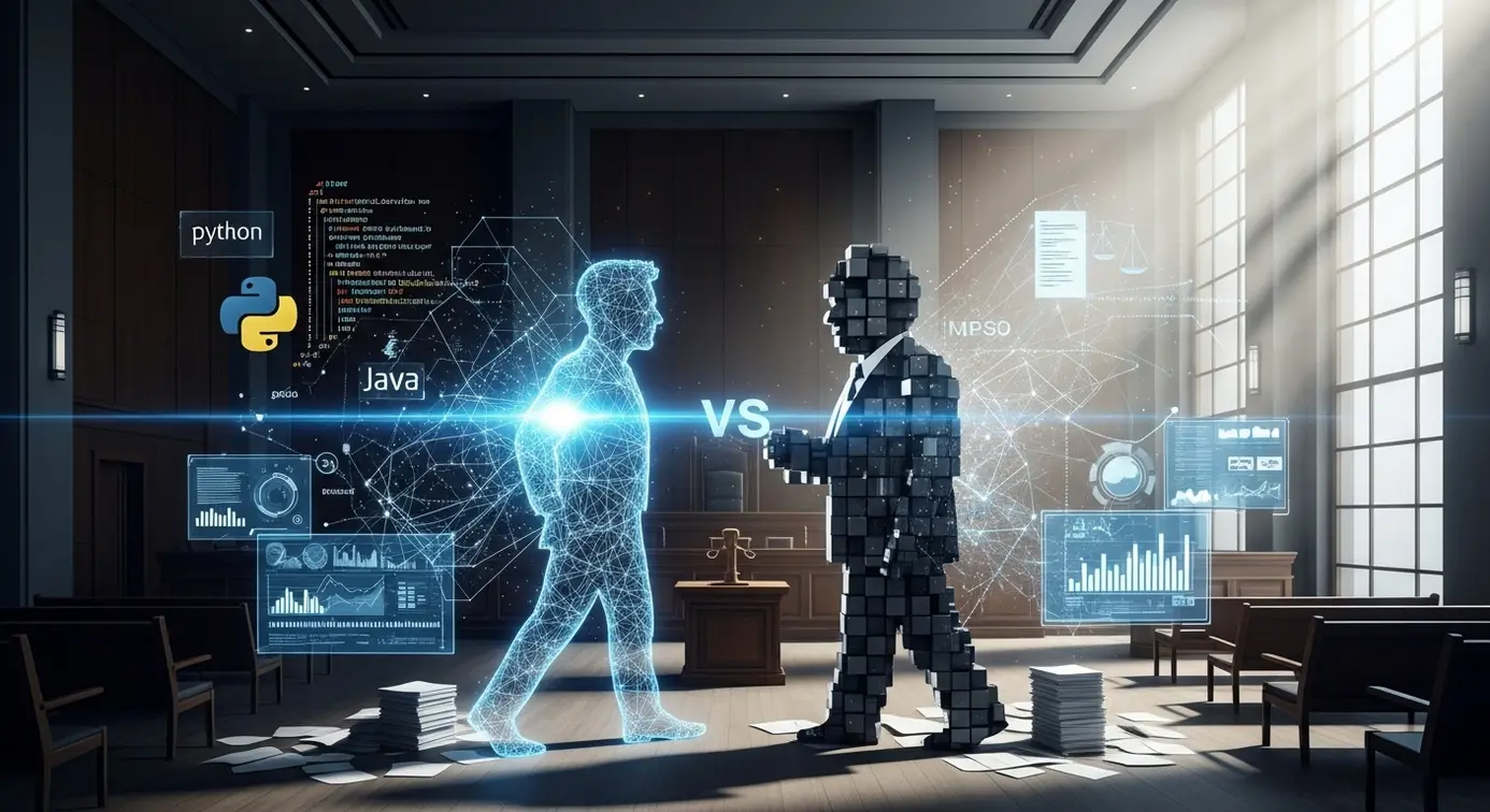 Une représentation d’un tribunal avec deux figures symbolisant des entreprises technologiques en conflit, entourées d’éléments de code et de documents légaux.