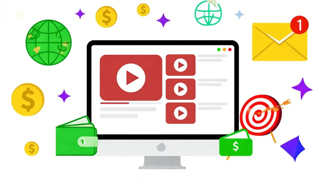 Écran d'ordinateur affichant une interface de vidéo avec des éléments de marketing digital, comme des billets et des cibles.