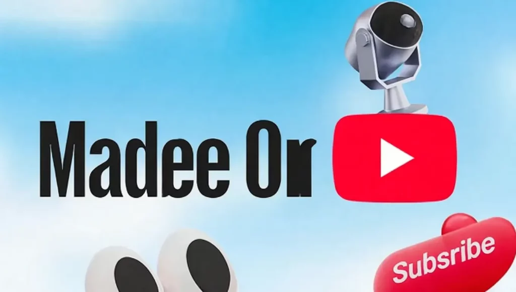 Logo de YouTube avec un message "Madee Or" et un bouton rouge "Subscribe" sur fond bleu.