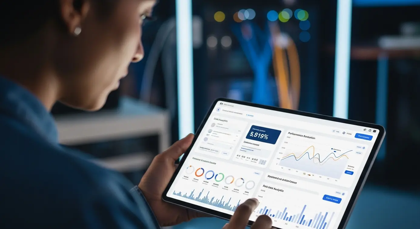 Une personne consulte des graphiques et statistiques sur un écran, symbolisant l'analyse des performances en ligne avec une approche moderne et innovante.