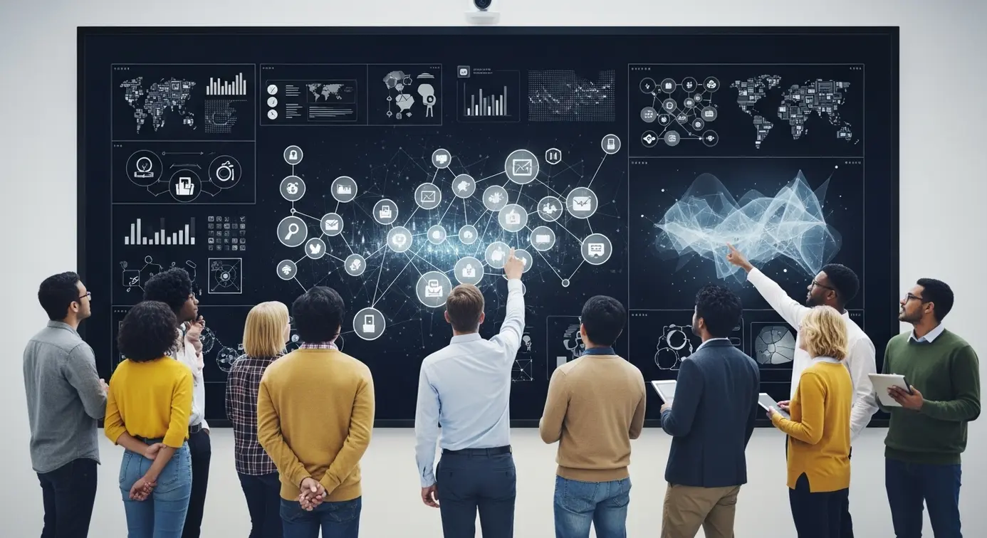 Un groupe de personnes de divers âges regardant une interface numérique avec des symboles, illustrant la perception différente selon l'âge et le profil.